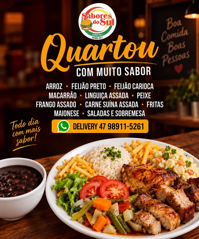 Prato do almoço de quarta-feira do Sabores do Sul: frango, carne suína assada, maionese e salada