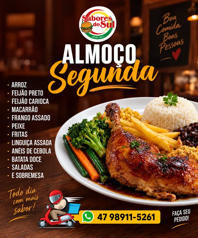 Prato do almoço de segunda-feira do Sabores do Sul: frango assado com arroz, feijão e fritas