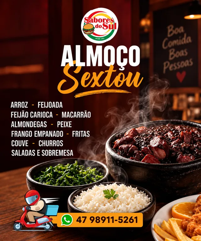 Prato do almoço de sexta-feira do Sabores do Sul: feijoada completa com arroz, couve e churros de sobremesa