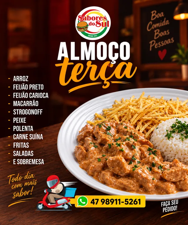 Prato do almoço de terça-feira do Sabores do Sul: strogonoff com arroz e batata palha