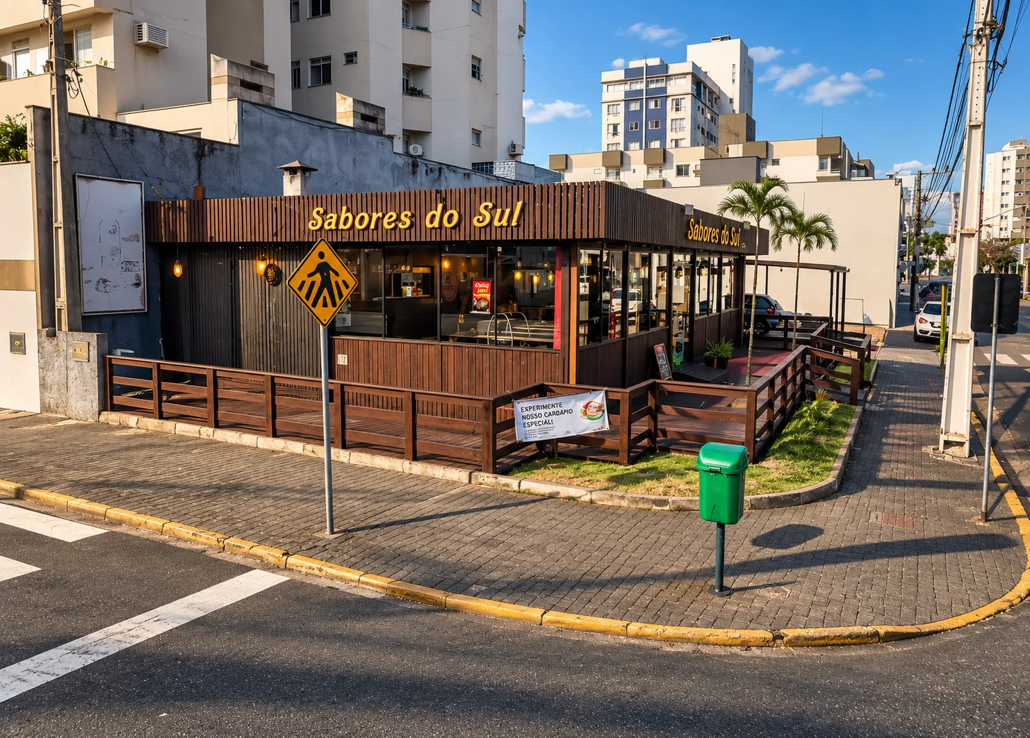 Fachada do Sabores do Sul, restaurante de esquina revestido em madeira, em Jaraguá do Sul, no fim de tarde